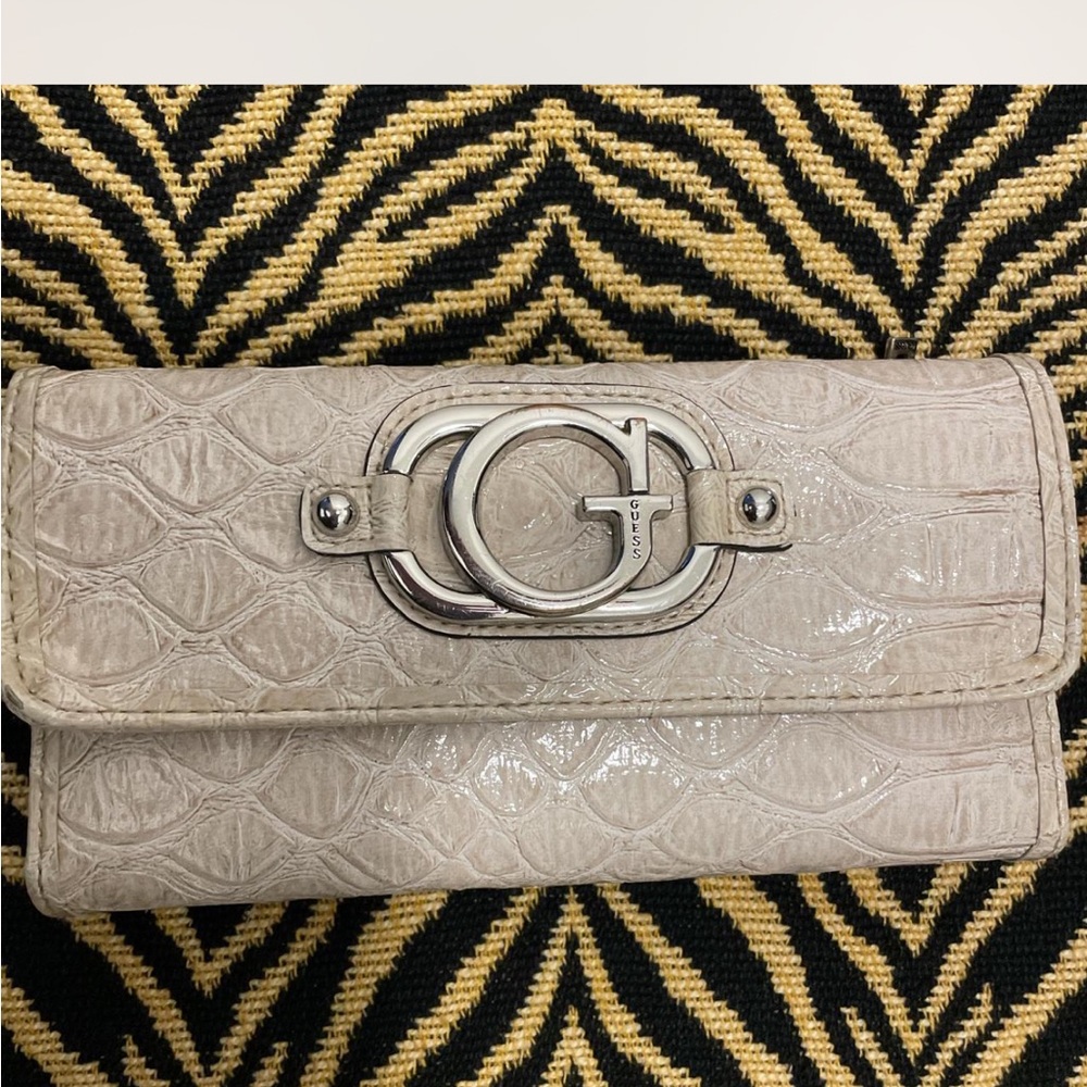 Guess Beige Croc-Embossed Wallet with Silver Accent